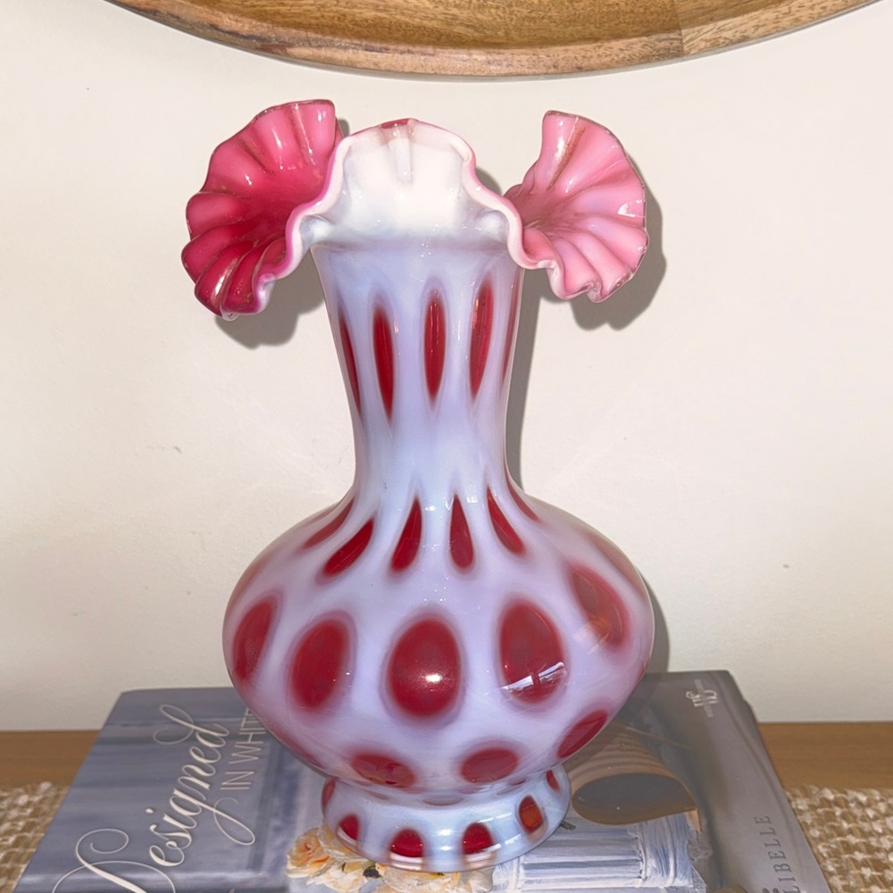 Vintage Fenton Cranberry Opalescent Coin Dot Ruffled Vase Pink & White Art Glass